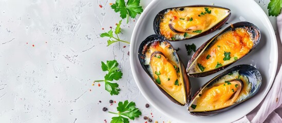fresh mussel baked with cheese pastel background  Food. Copy space image. Place for adding text and design