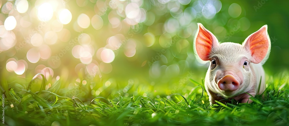 Poster cute piglet on the meadow. copy space image. place for adding text or design