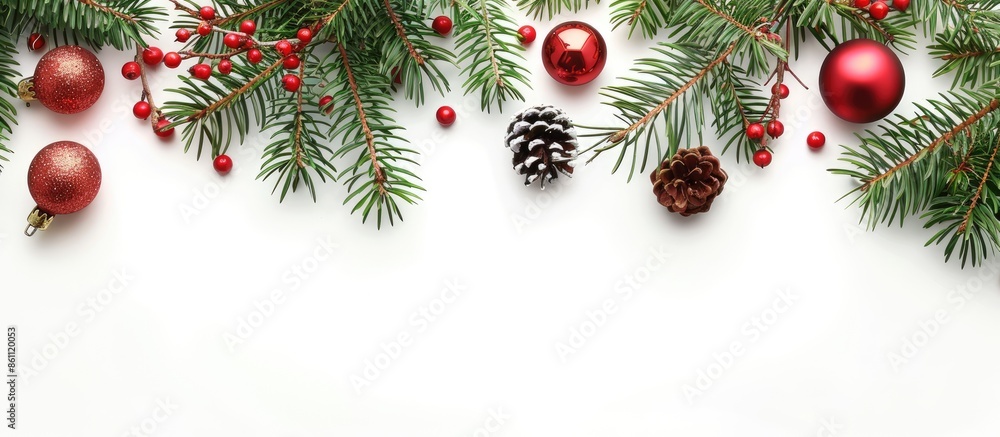 Poster christmas decoration baubles with branches of fir tree on white background. copy space image. place 
