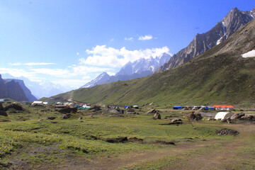a beautiful dawn in the himalayan range and camping 