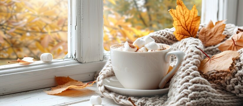 Autumn composition with hot chocolate with marshmallow. Aromatherapy on a grey fall morning, atmosphere of cosiness and relax. Wooden background, window sill, close up. Copy space image