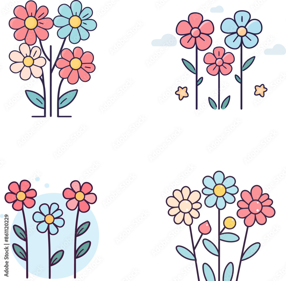 Sticker cute flowers icon collection vector design illustration.