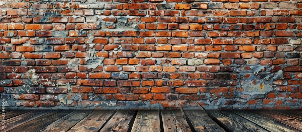 Poster old wood plank with abstract old brick wall background for product display. copy space image. place 