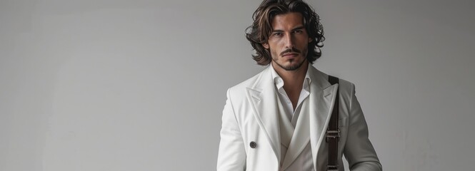 Confident Man with Long Hair in Stylish White Suit Posing for Fashion shoot