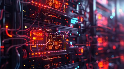 Fototapeta premium photo illustration of server rack in a data center , security, networking, hacking. 16:9