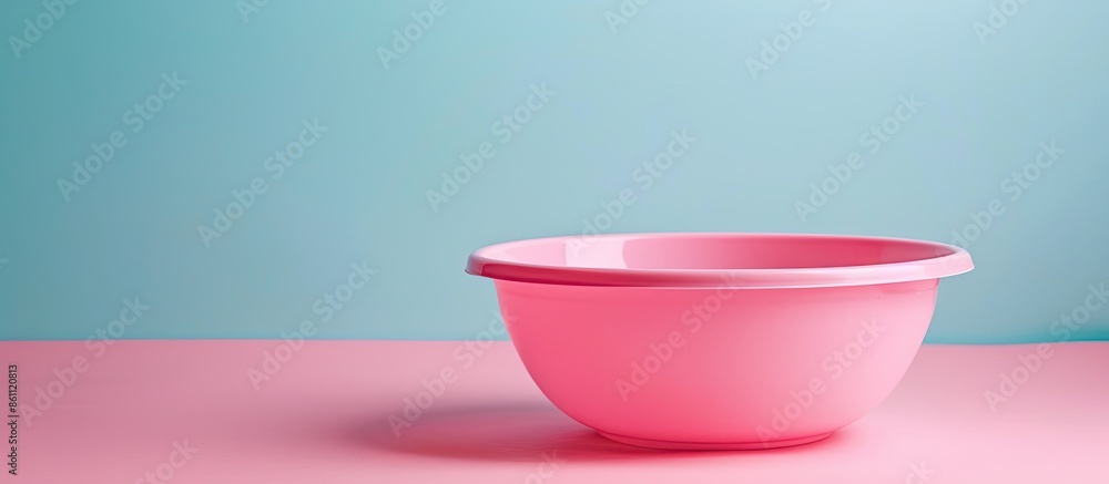 Poster pastel color plastic bowl isolated on pastel background. copy space image. place for adding text and