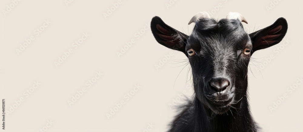 Poster close up the black goat in the farm pastel background. copy space image. place for adding text and d