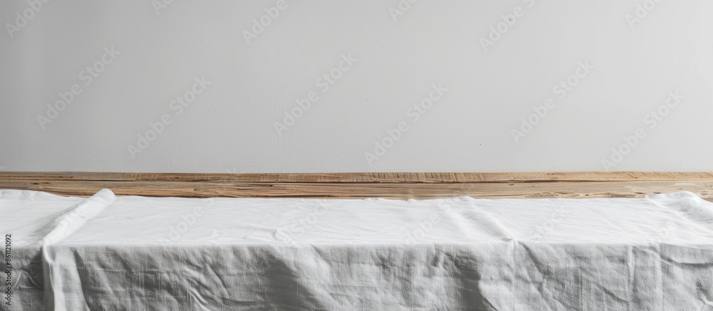 Poster empty white tablecloth on wooden desk perspective. selective focus. copy space image. place for addi