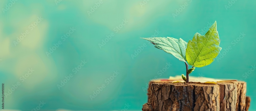 Poster green leaf white sounded on the stump placed on a pastel background. copy space image. place for add