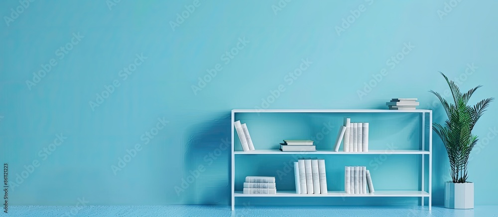 Poster white metal rack with books against blue background. copy space image. place for adding text and des