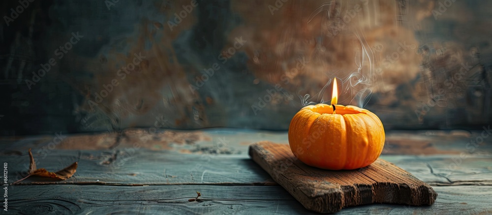 Poster burning candle in an orange pumpkin on a wooden board. copy space image. place for adding text and d