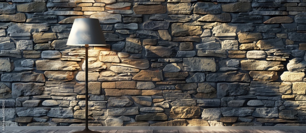 Poster bright stone wall interior design and modern lamp. copy space image. place for adding text and desig
