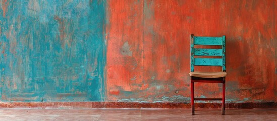 Vintage wooden chair Painted on Two Tone background. Copy space image. Place for adding text and design