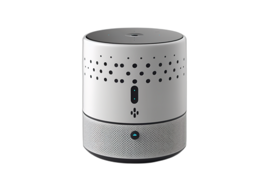 A white smart speaker with a microphone and speaker grill on a transparent background