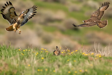 Fototapeta premium Red-tailed hawks hunting a wild rabbit in a meadow