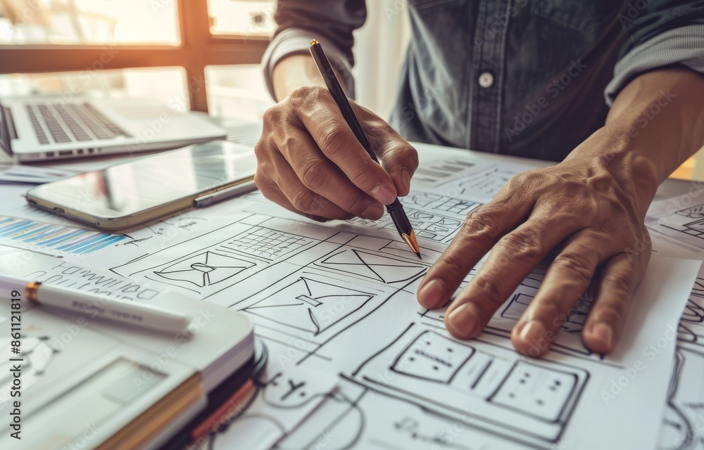 Poster designing creative sketches for planing and developing applications and prototypes for mobile phones