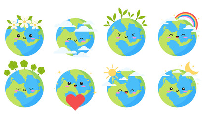 Set of happy planet earth emoji sticker decoration printable illustration