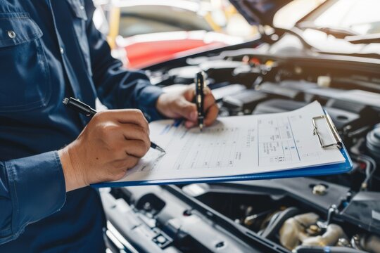 A car mechanic checks an engine with the inspection tool and writes to the clipboard the checklist for the repair machine, car service, and maintenance.