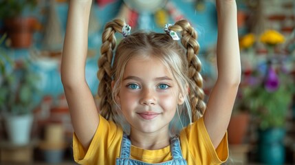 A little student girl studies at school with her arm raised in education and school concept