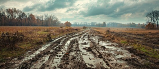 Landscape with wheel tracks on a muddy field in autumn in cloudy weather in off-road terrain. Copy space image. Place for adding text or design
