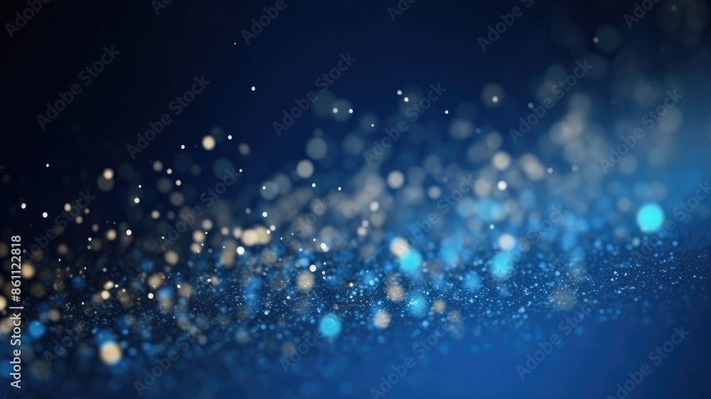 Poster the picture of vague visual of sparkling particles scattered across a deep blue and gold background,