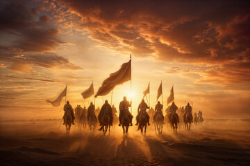 Valiant Riders Advancing Under Dramatic Sunset Sky, Honoring Imam Hussein's Sacrifice and Resistance