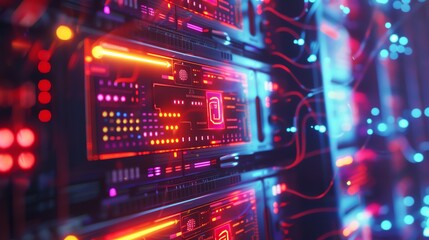 Obraz premium photo illustration of server rack in a data center , security, networking, hacking. 16:9