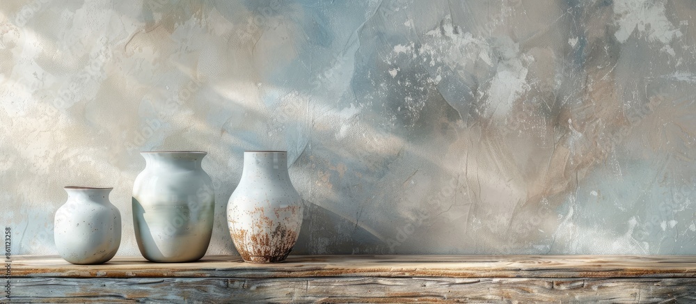 Poster neutral colored vases on distressed wooden shelf against rough plaster wall at moonlight. home decor