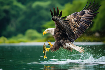 American bald eagle catching fish while flying low over water