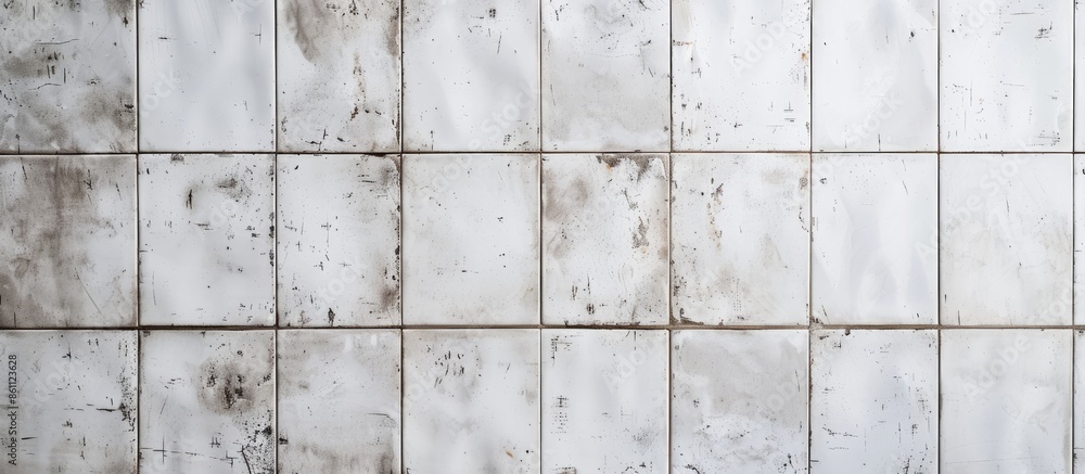 Poster white wall tiles texture with white filling on cement wall. copy space image. place for adding text 