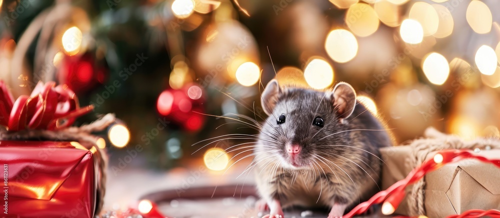 Poster rat grey beautiful on the pastel background christmas. copy space image. place for adding text and d