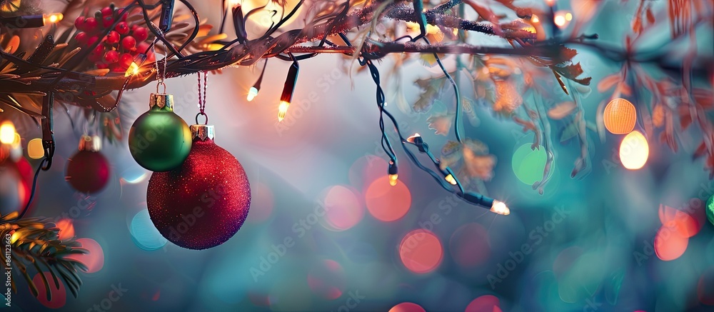 Poster closeup of red and green bauble hanging from a decorated christmas branch. abstract background with 