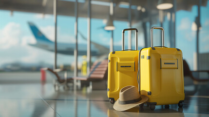 Yellow suitcases waiting at the airport gate for departure