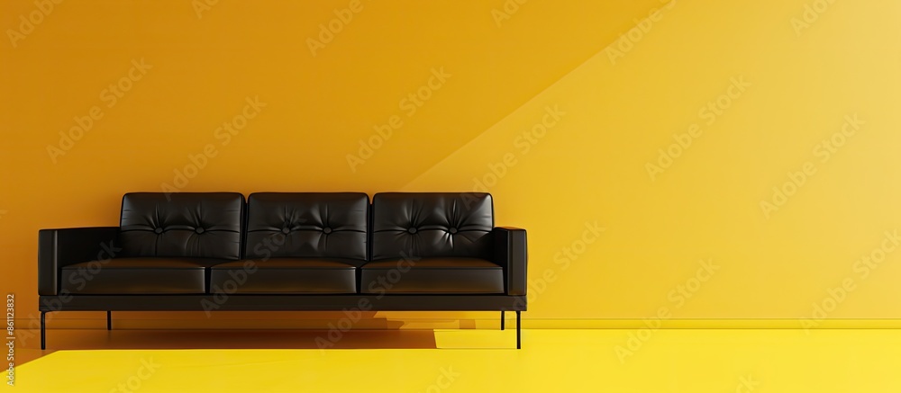 Poster black sofa in the interior of the room with a yellow background. copy space image. place for adding 