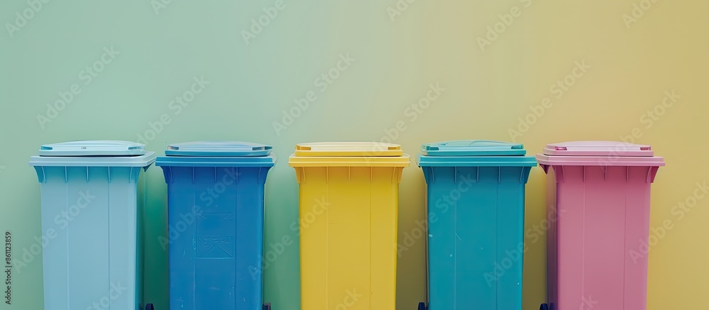 Poster four colorful recycle bins isolated on pastel background. copy space image. place for adding text an