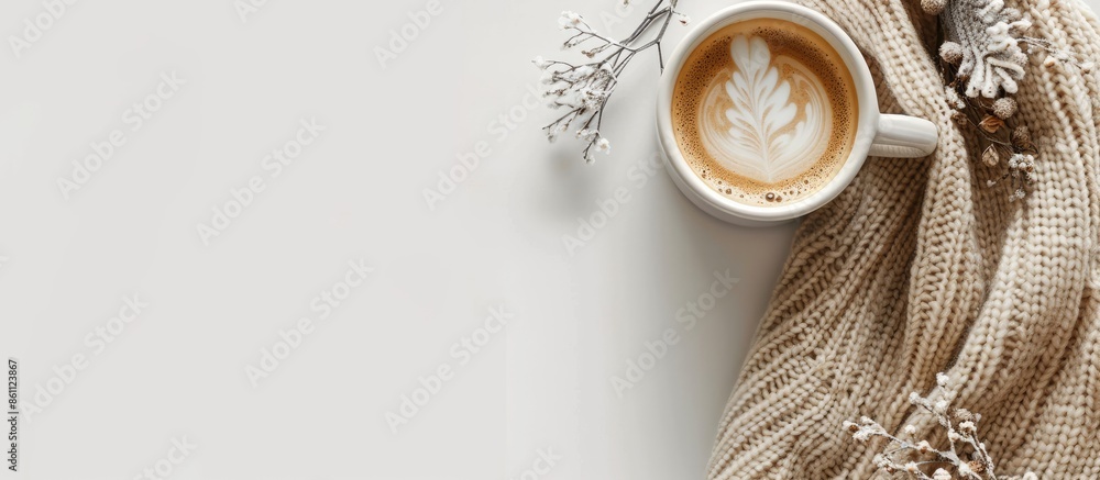 Aufkleber warm sweater and coffee on a white background. copy space image. place for adding text and design