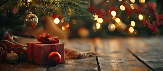 toy and gift under Christmas tree. High quality photo. Copy space image. Place for adding text and design