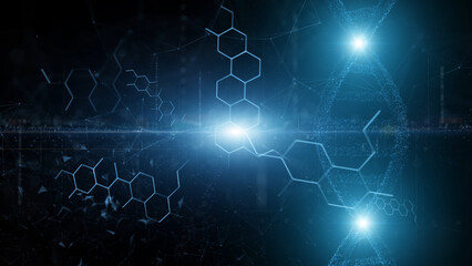 Obraz premium Shiny light and artistic dna chain with abstract chemical bonds illustration background. 