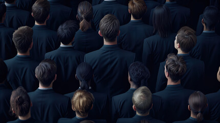 Crowd of business people standing and looking straight ahead