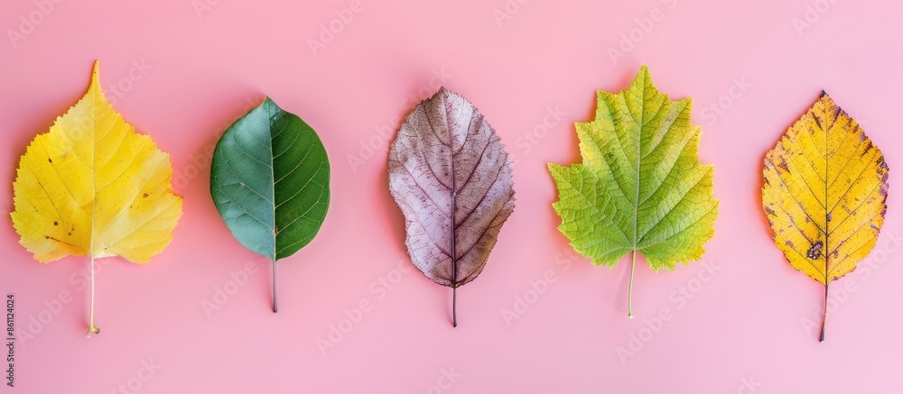 Poster collage of different leaves isolated on pastel background. copy space image. place for adding text a