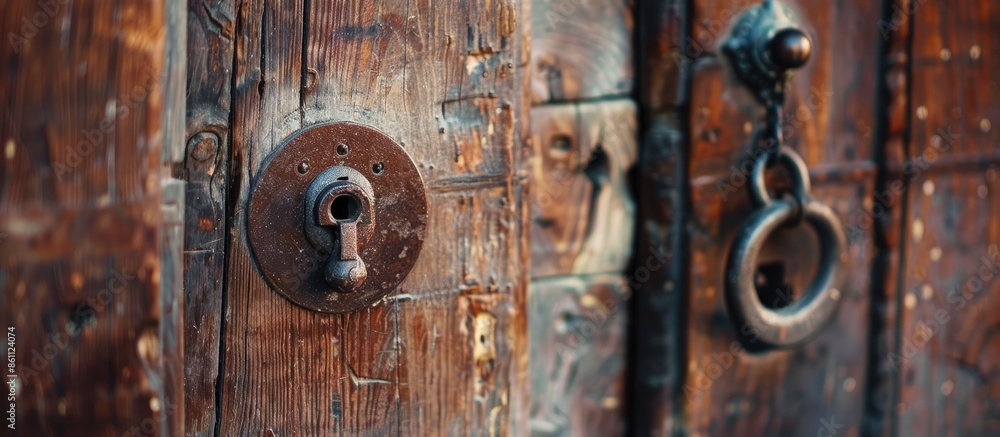 Poster door lock on the door old house. selective focus. copy space image. place for adding text and design