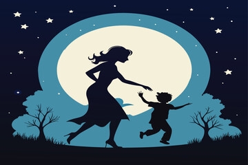 This appears to be an illustrated nighttime landscape featuring the silhouettes of a woman and a child. The woman's silhouette is shown in the foreground, 