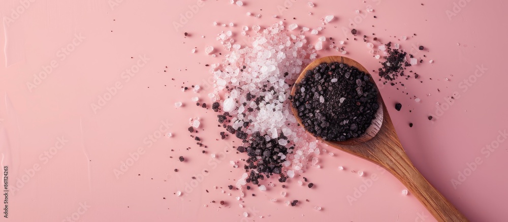 Poster black salt with isolated on pastel background salt powder. copy space image. place for adding text a