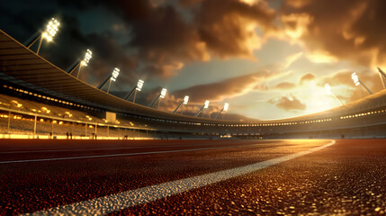 Fototapeta premium Empty running track in a stadium at sunset with dramatic sky