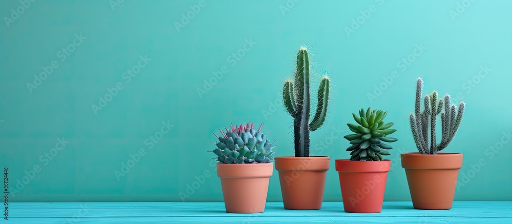 Poster different potted cacti on table near color background, space for text. interior decor. copy space im