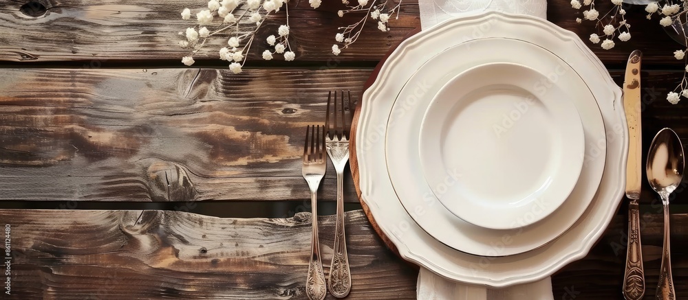 Poster formal table decor setting for holiday dinner, luxury tableware concept. copy space image. place for