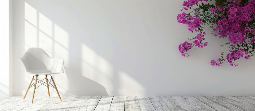 Bright white interior with lots of pink and pirple flowers on chair on wooden floor. Copy space image. Place for adding text and design