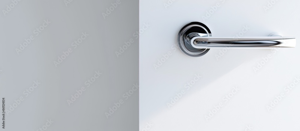 Poster modern style silver door handle on white door. copy space image. place for adding text and design