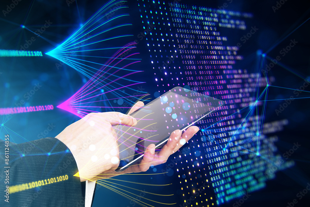Poster close up of male hands using tablet with creative big data lines on dark background. technology and 