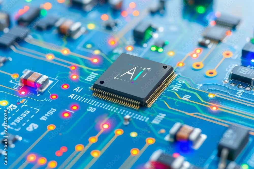 Poster advanced ai circuit board with microchip and vibrant electronic components in high tech setup
